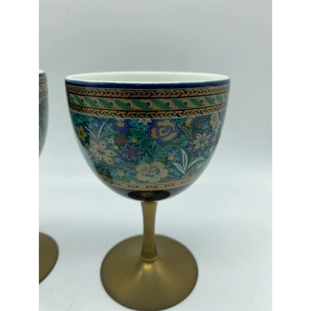 Vintage Pair Kutani Yaki Ware Japan Porcelain Brass Stem‎ Sake Wine Cup Goblet
